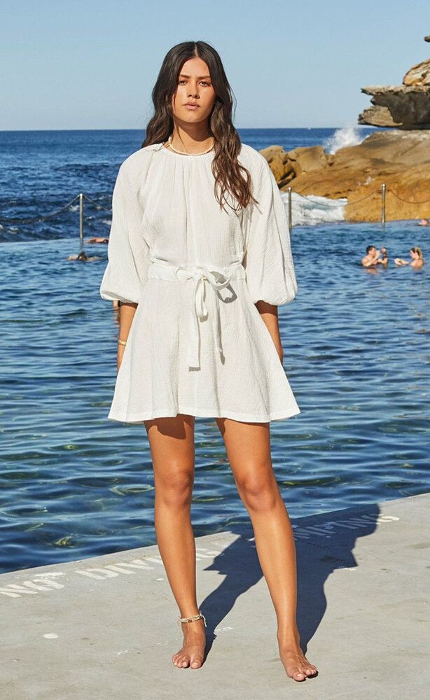 BEC & BRIDGE Haku White Cotton Cheesecloth Cut Out Long Sleeve Mini Dress RRP$250