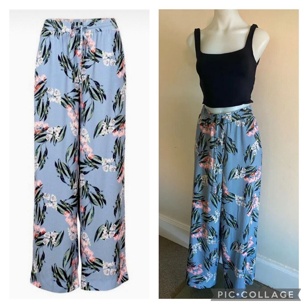 DECJUBA Charlotte Blue Tropical Orchid Floral Palazzo Wide Leg Pants