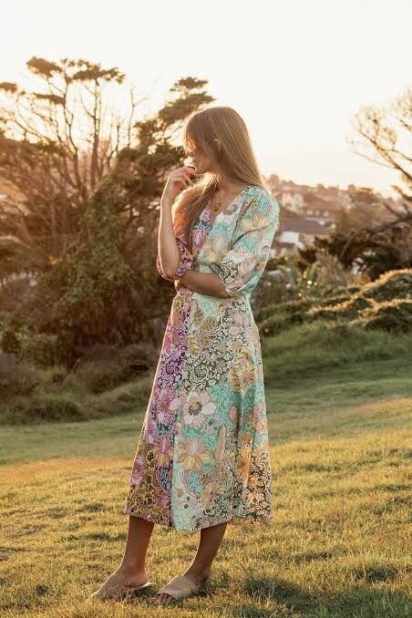 KACHEL Brooke Floral Patchwork Cotton Puff Sleeve Midi Dress