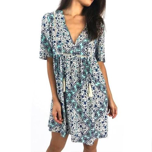 Vine Apparel White Blue Floral Boho Smock Dress