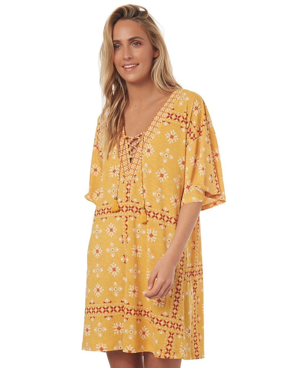 TIGERLILY Anja Sunstone Yellow Mumu Kaftan Coverup Mini Beach Dress