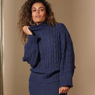 Cosy Cable Knit Blue Oversized Winter Turtleneck Sweater Jumper NWT