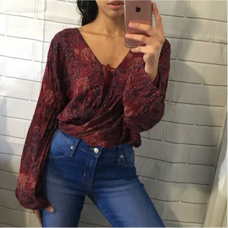 LEE COOPER Red Paisley Print Draped Long Sleeve Wrap Blouse Top