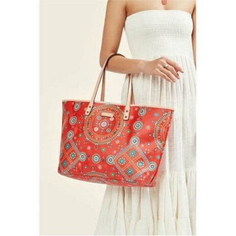 TIGERLILY Universe Red Canvas Leather Strap Tote Bag