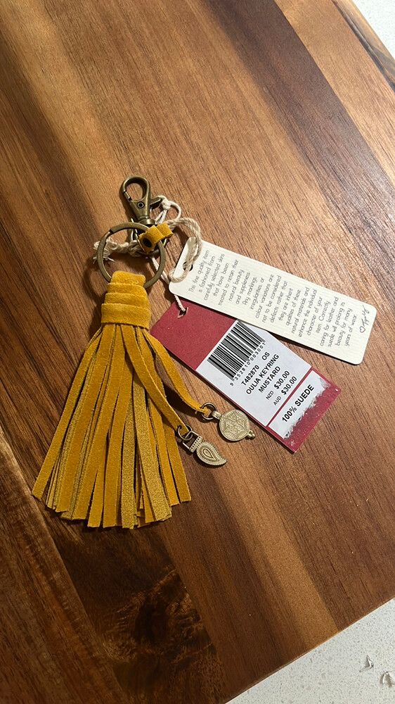 TIGERLILY Oulia Suede Leather Tassel Mustard Gold Keyring NWT