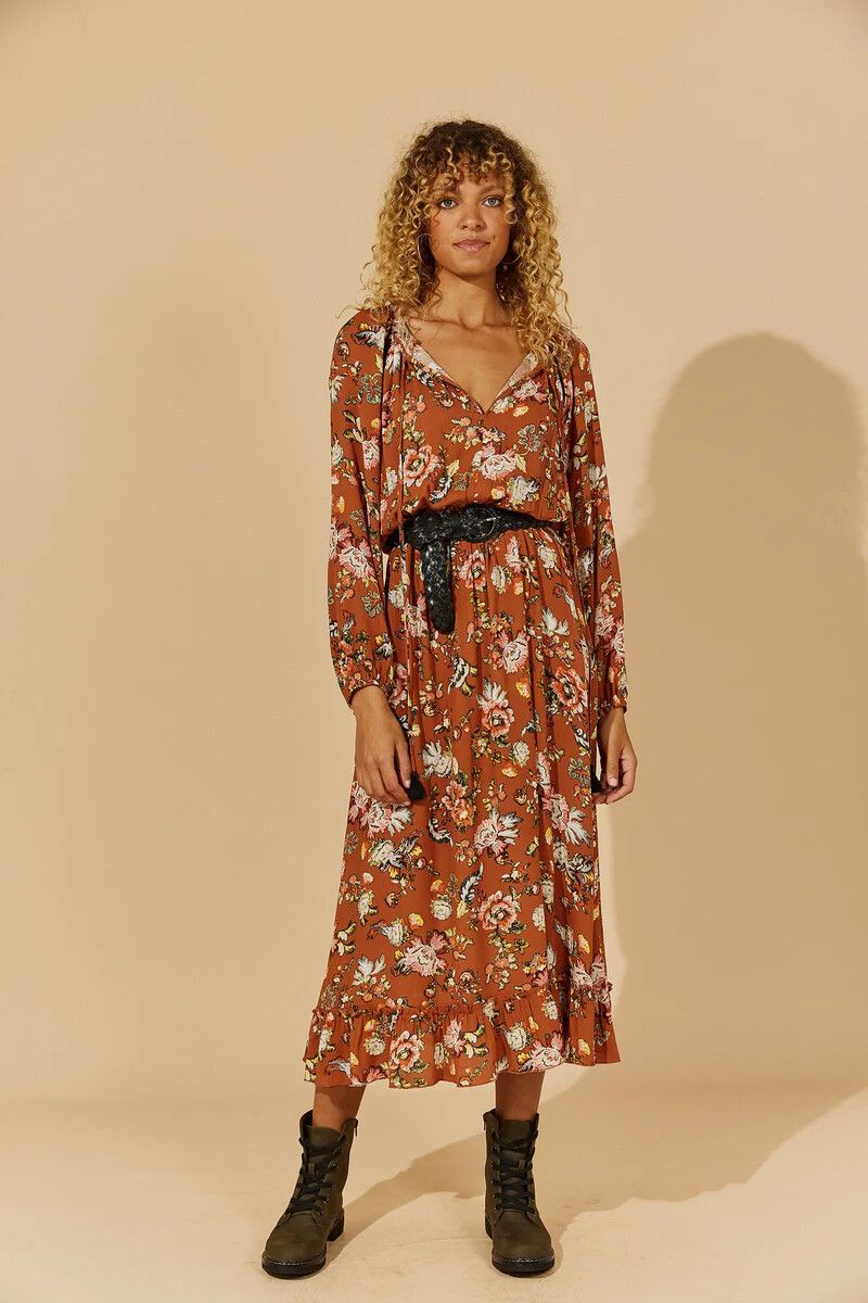 ISLE OF MINE Rust Winter Floral Long Sleeve Maxi Dress NWT
