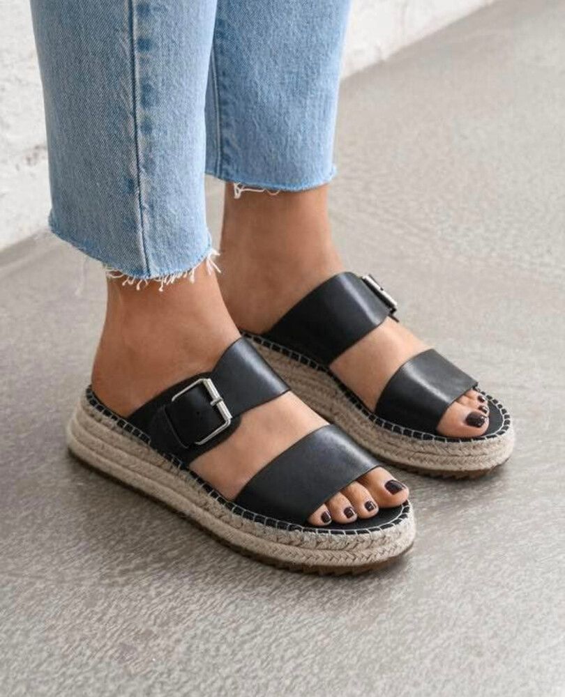 JO MERCER Lorna Black Leather Low Espadrilles Slides Sandals NWOT