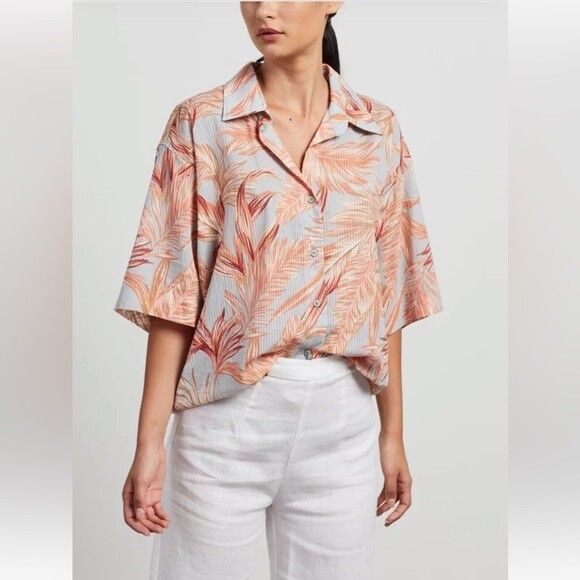 BEC & BRIDGE Miami Palm Print Blue Button Up Collared Hawaiian Shirt