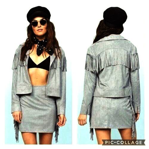 MINKPINK Grey Suedette Festival Fringed Cropped Jacket NWT