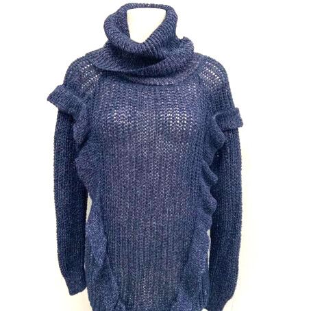 Cosy Winter Blue Ruffle Chunky Knit Turtleneck Sweater Jumper