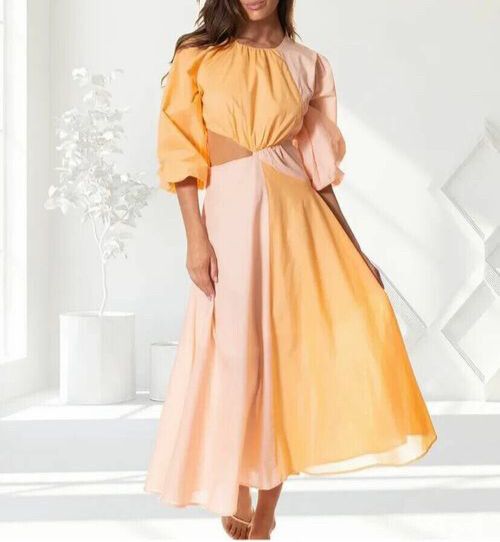 Caliente Two Tone Puff Sleeve Midi Dress NWT