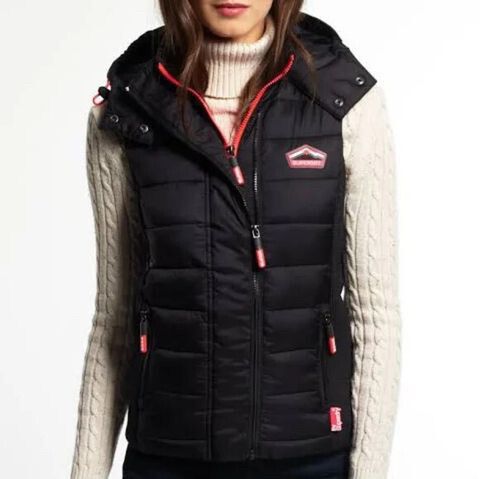 SUPERDRY Jpn The Fuji Double Zip Black Red Hooded Sleeveless Puffer Vest Jacket