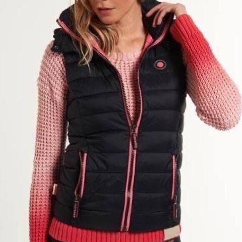 SUPERDRY Jpn Fuji Black Pink Hooded Sleeveless Puffer Vest Jacket