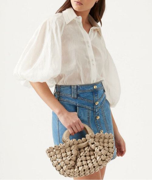 AJE Palm White Silk Linen Puff Sleeve Collared Shirt Blouse