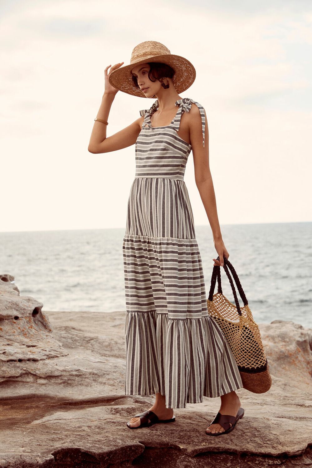SEED HERITAGE Linen Cotton Spliced Stripe Tiered Maxi Dress