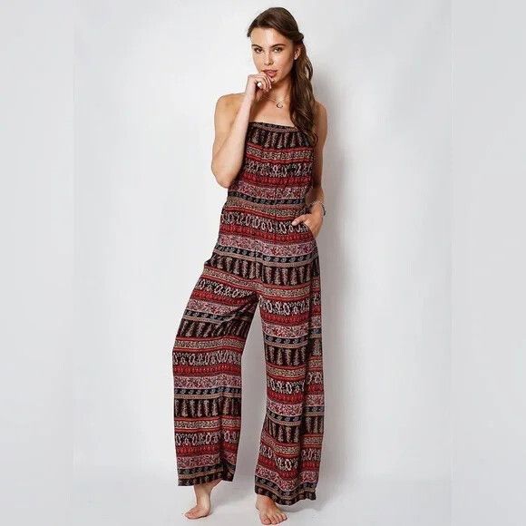 TREE OF LIFE Boho Strapless Wide Leg Jumpsuit