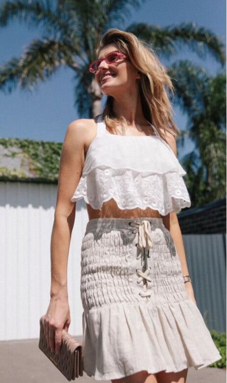 HANSEN & GRETEL Florian Linen White Lace Up Shirred Mini Skirt