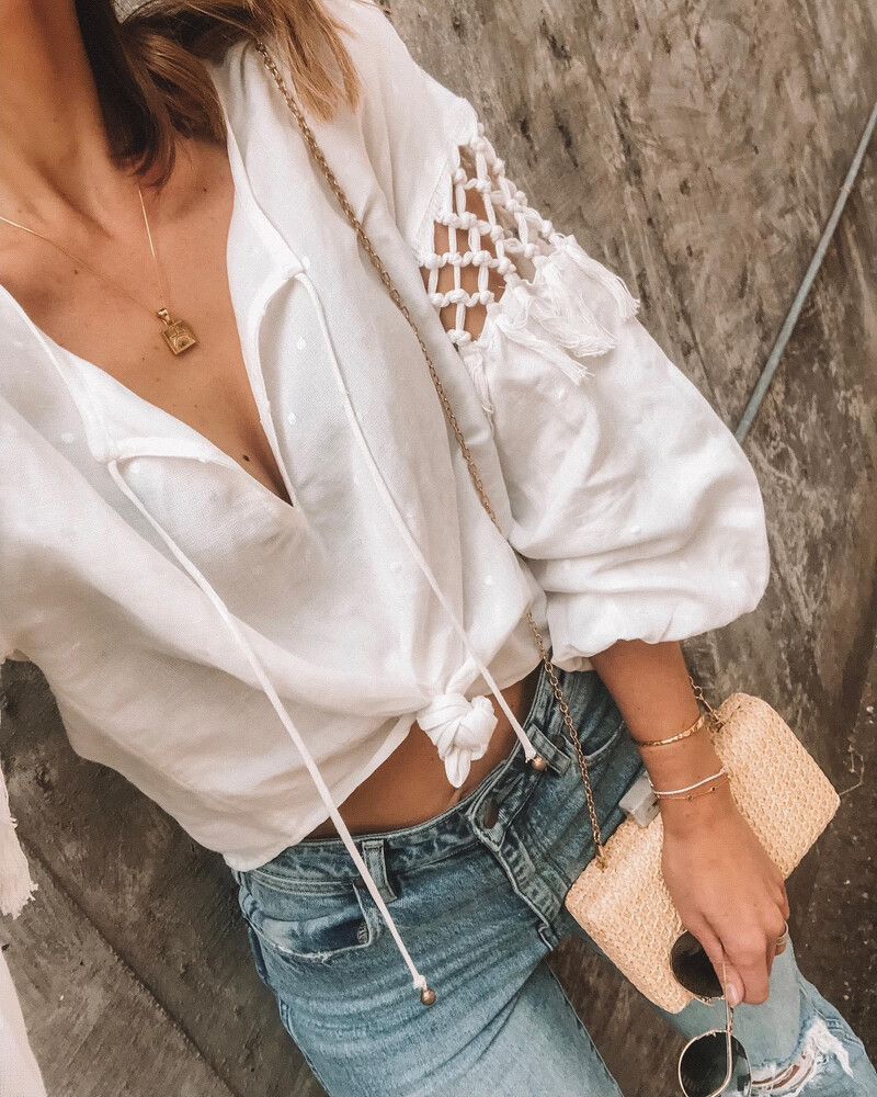 TIGERLILY Tanoosa Linen Cotton White Crochet Long Sleeve Blouse