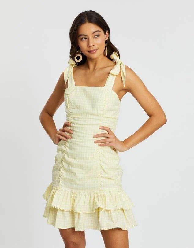 TIGERLILY Tippi Lemon Gingham Ruched Mini Dress NWT