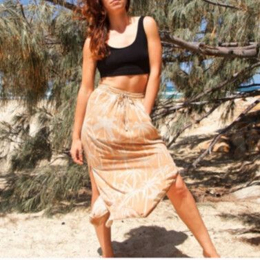 SHEIKE Tan Palm Print High Waisted Midi Skirt