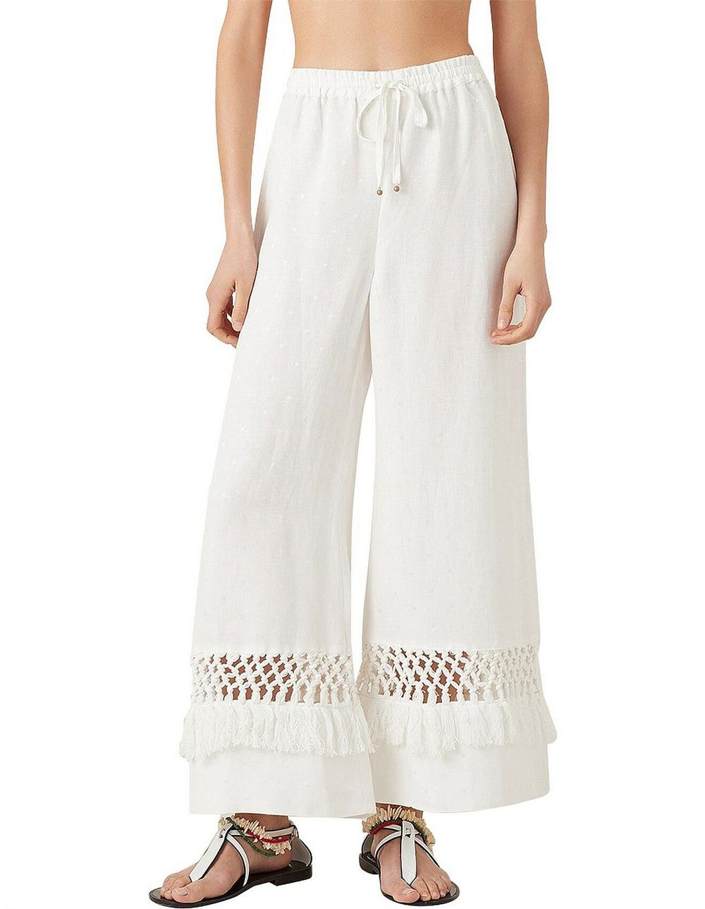 TIGERLILY Tanoosa Linen Cotton White Crochet Tassel High Waisted Wide Leg Pants