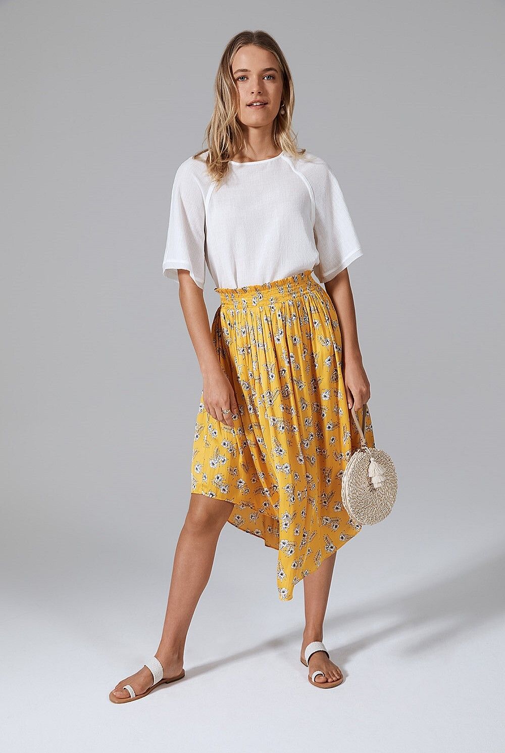 COUNTRY ROAD Butter Yellow Ditsy Floral Assymetric Midi Skirt