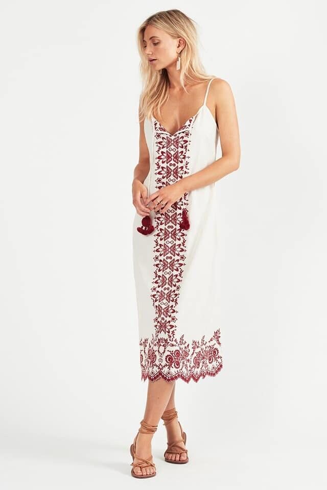 TIGERLILY Rubia Embroidered White Red Cotton Midi Dress RRP$229