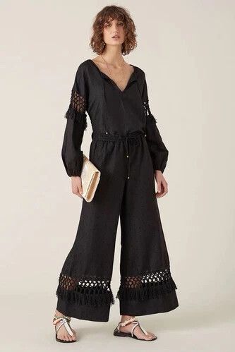 TIGERLILY Tanoosa Linen Cotton Black Crochet Long Sleeve Blouse RRP$149