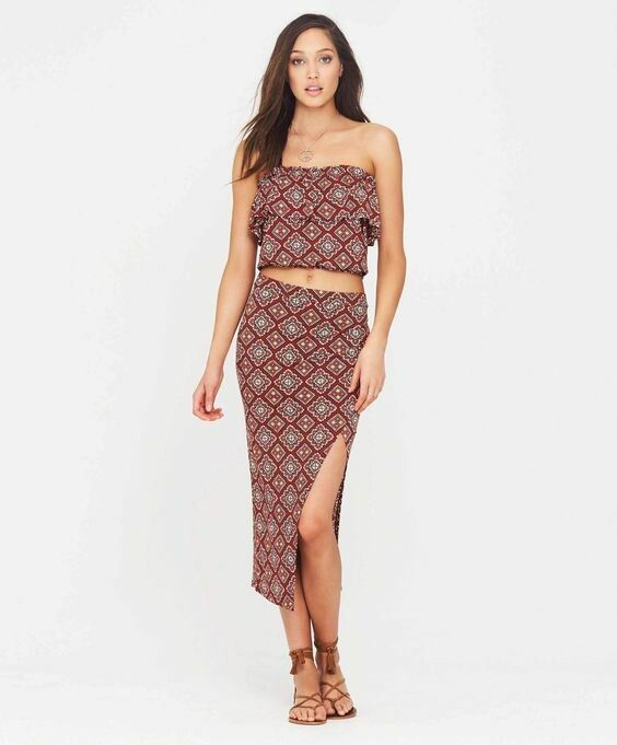 TIGERLILY Anahata Red Stretch Jersey Set - Midi Skirt & Strapless Crop Top