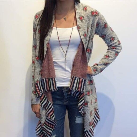 TIGERLILY Illetes Grey Red Knit Waterfall Cardigan