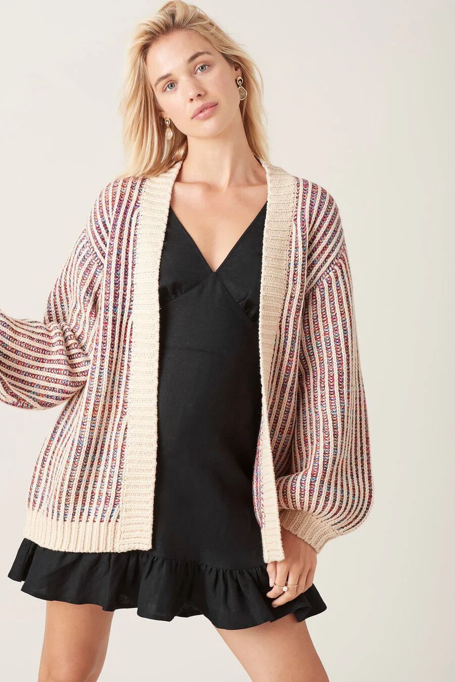 TIGERLILY Tarma Cream Multicoloured Chunky Cotton Knit Bell Sleeve Cardi Winter Cardigan