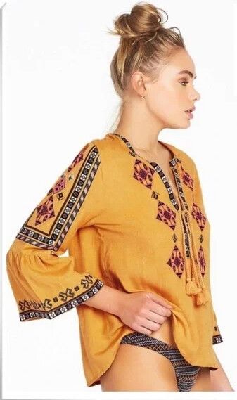 TIGERLILY Azar Mustard Cotton Embroidered Bell Sleeve Blouse Top