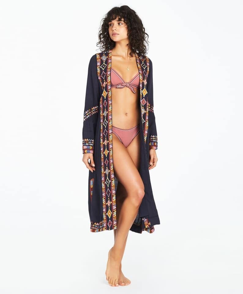TIGERLILY Nazilla Embroidered Indigo Navy Cotton Kimono Longline Duster Jacket