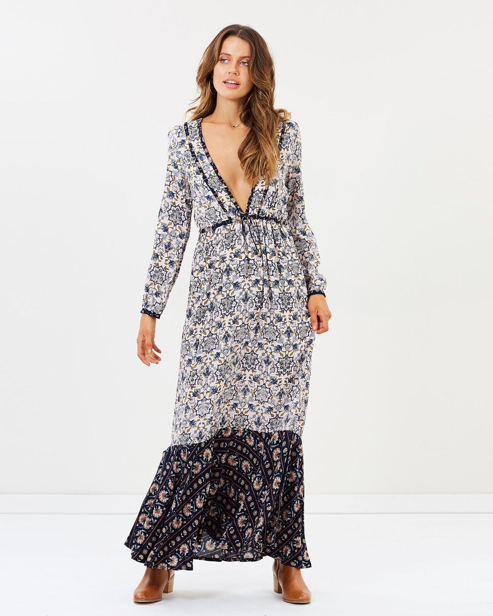 TIGERLILY Hamilton Navy Long Sleeve Tiered Maxi Dress RRP$269