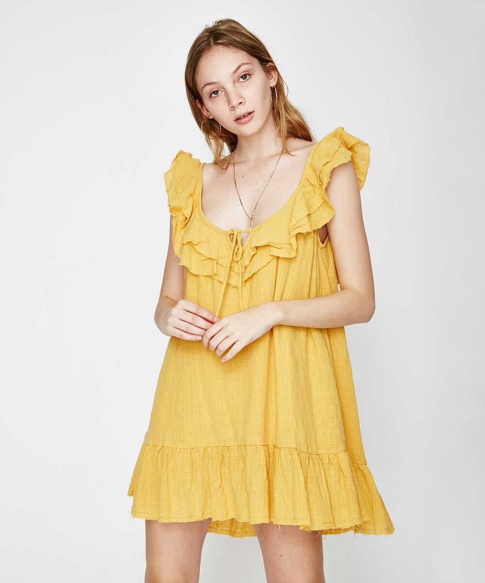 Rue Stiic - RUE STIIC Echo Beach Mustard Yellow Cotton Cheesecloth Ruffle  Babydoll Mini Dress on Designer Wardrobe