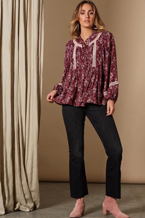 ISLE OF MINE Splendour Chery Floral Lightweight Long Sleeve Top Blouse NWT