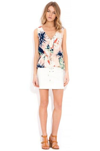 WISH THE LABEL Tropical Floral Sleeveless Lace Up Peplum Top NWT