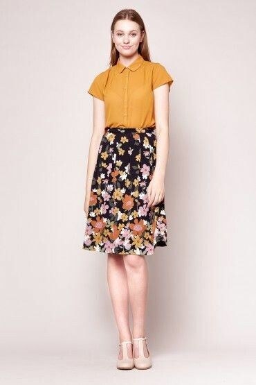 PRINCESS HIGHWAY Giselle Retro Floral Black High Waisted A Line Midi Skirt