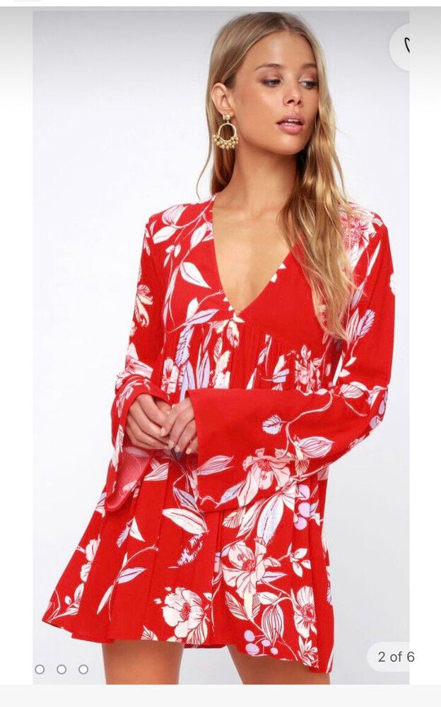 Free People Red Floral Flared sleeves Top