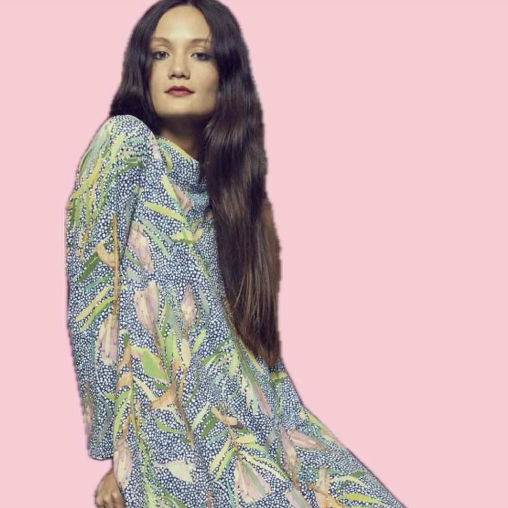 chinese dress ladies Gorman cactus print long sleeve dress size 6, fits 6 and 8 – Dear Little  Panko main image 1