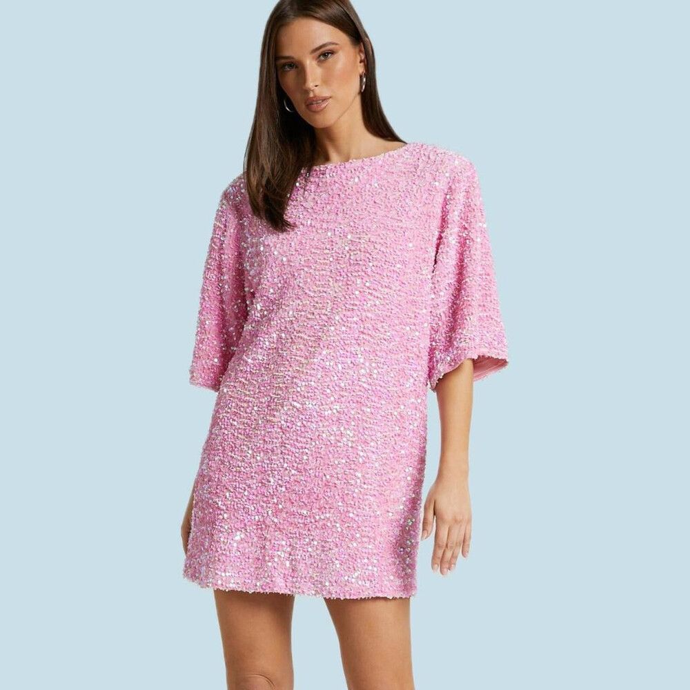 SHOWPO VALETTA MINI DRESS - SEQUIN LOW BACK SHIFT DRESS IN PINK SEQUIN Size 6