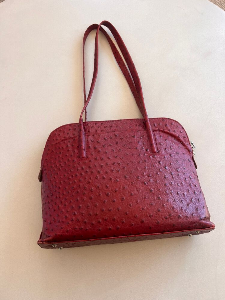 Genuine Leather Italian Red Ostrich‑Style Handbag