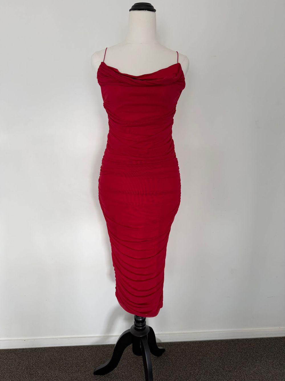 fitted lace wedding dress Satin Off-Shoulder Draped Mini Dress in True Red - 2