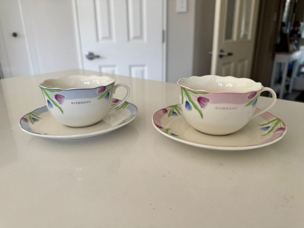 Givenchy Porcelain Teacup & Saucer Set – Pink & Blue Floral (Pair)