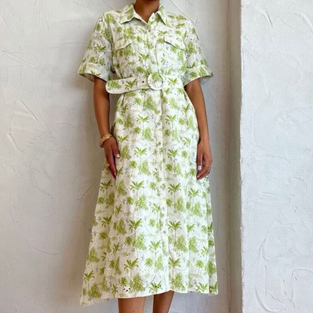 Palm Noosa Souvenir Dress Size AU 10 Green Palms Belted Linen Maxi Cotton