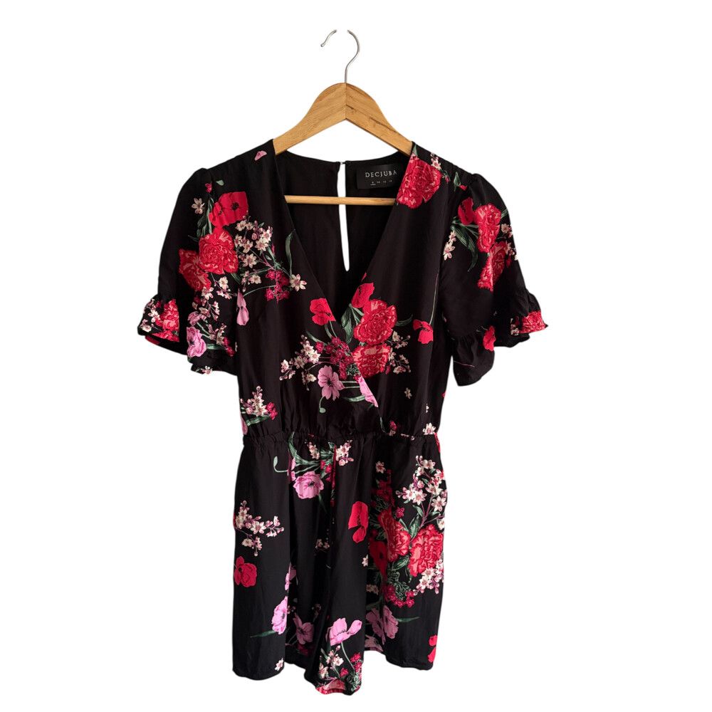 Decjuba Connie Playsuit Size AU 8 Black Red Floral Ruffle Sleeves No Belt
