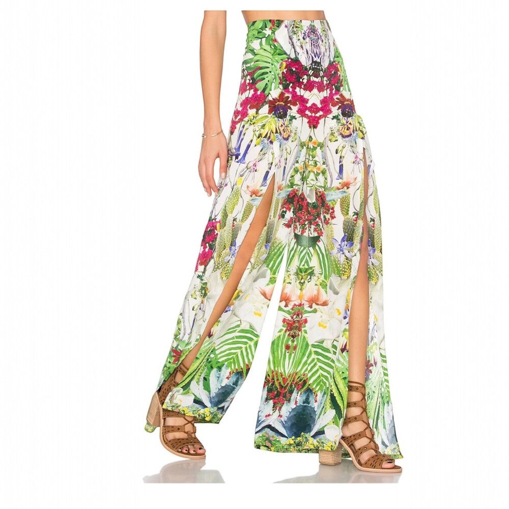 Camilla Exotic Hypnotic Pants Size AU 10 Green Silk High Slit Wide Leg
