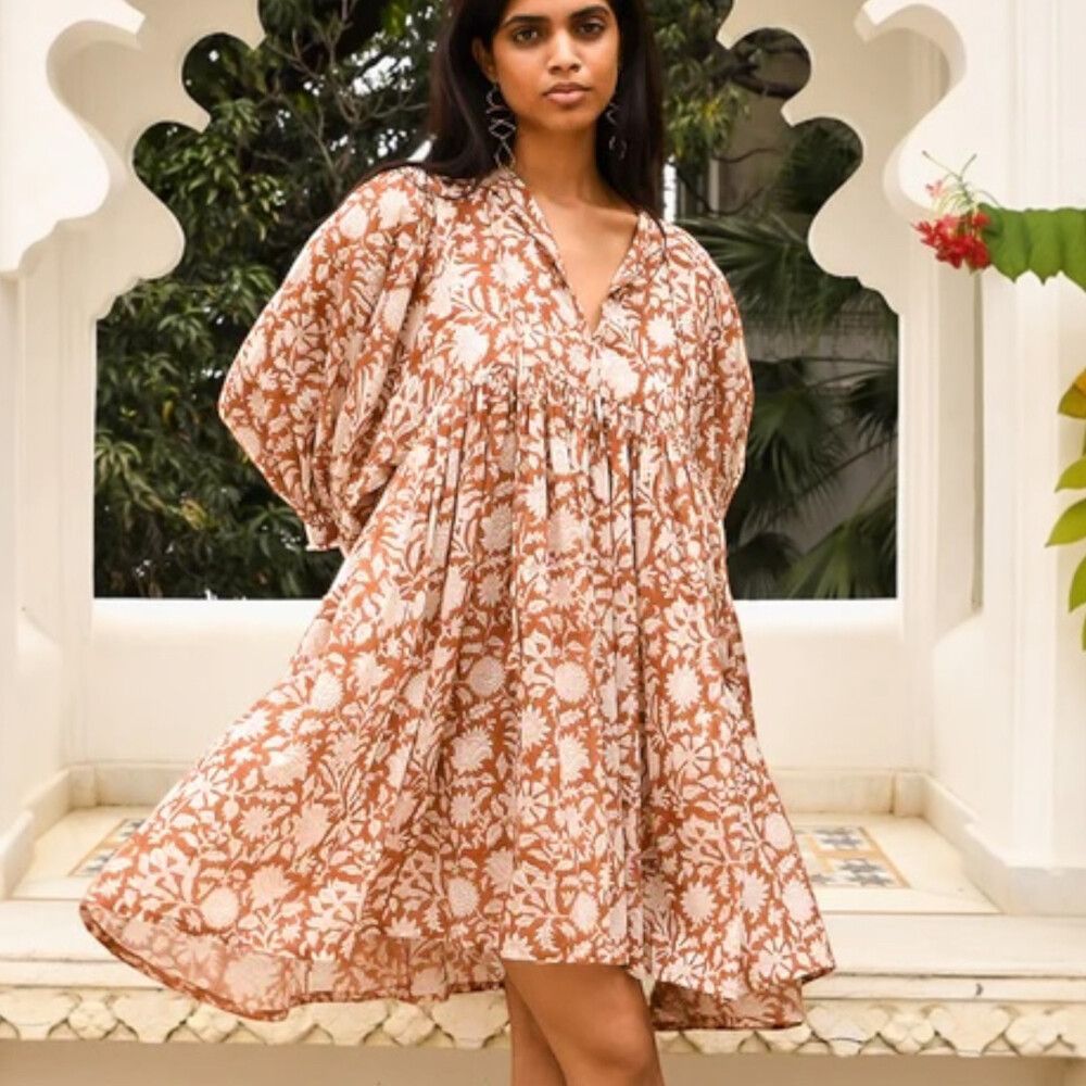 Daughters of India Kyra Mini Dress Size Medium Caramel Cotton Boho