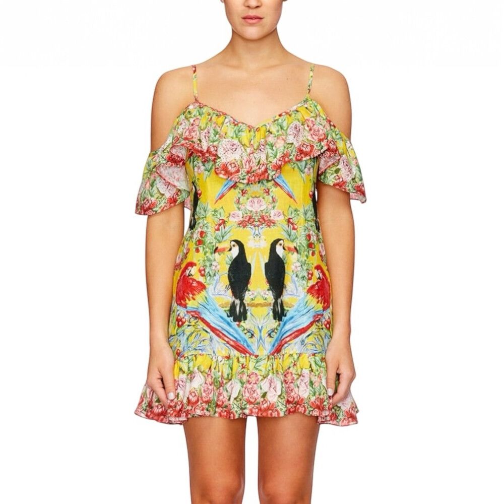 Camilla Love Bird Dress Size XS Linen Low V Back Frill Yellow Red Mini