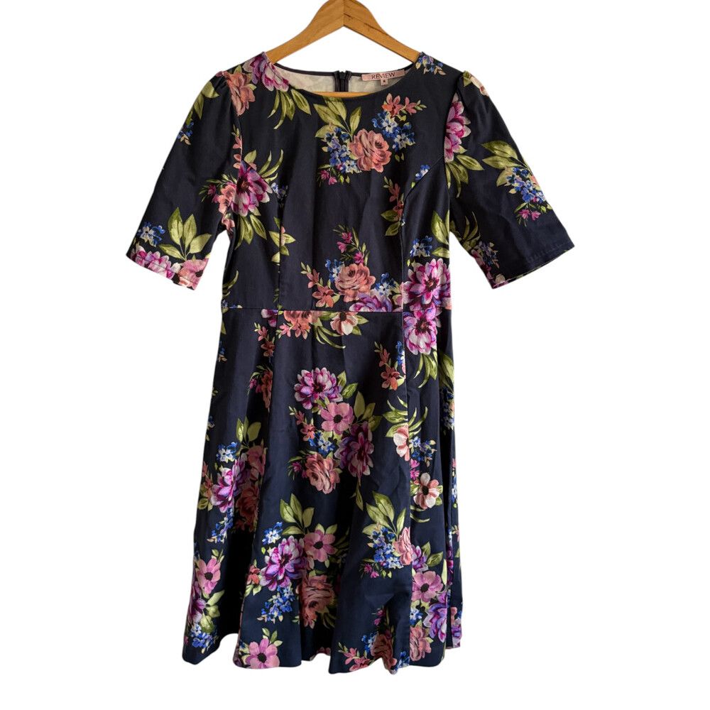 Review Floral Dress Size AU 14 Blue Purple Pink Midi Cotton Blend